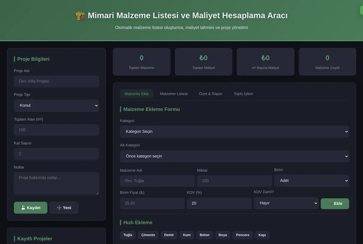Mimari Malzeme Listesi ve Maliyet Hesaplama Aracı ekran görüntüsü 2