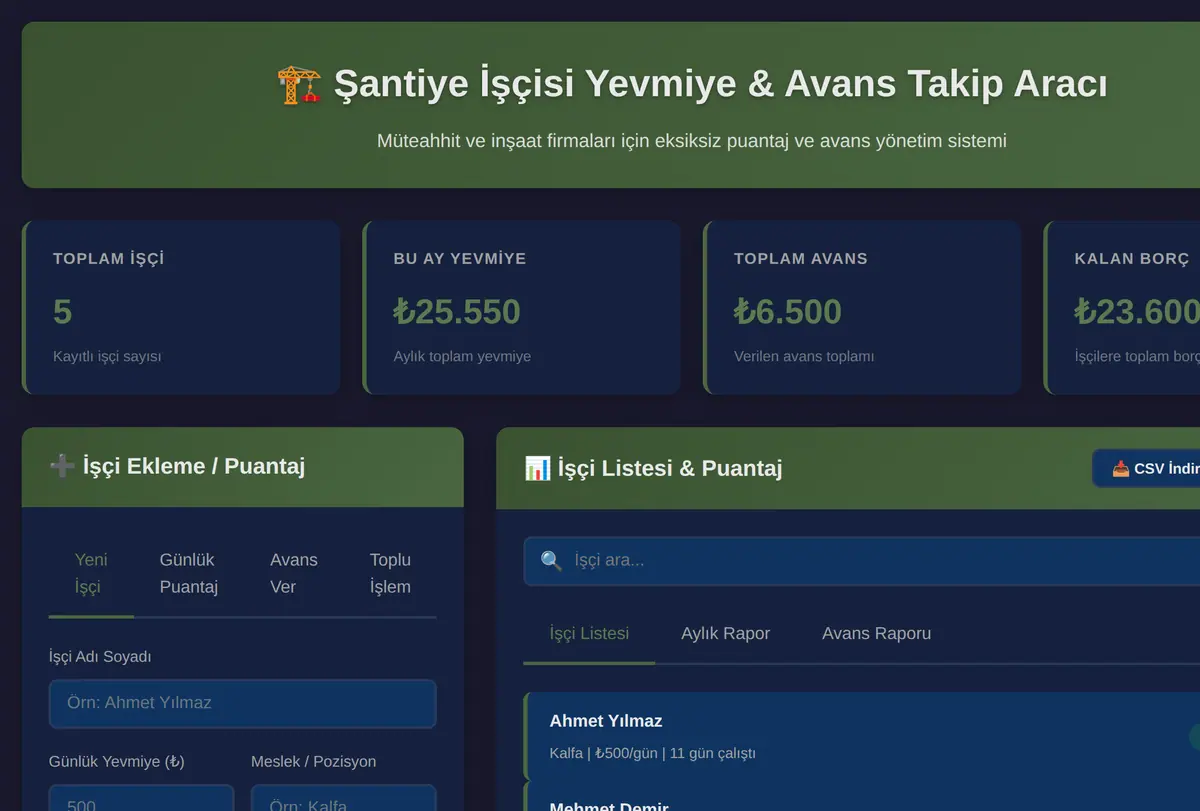 Şantiye İşçisi Yevmiye & Avans Takip Aracı ekran görüntüsü