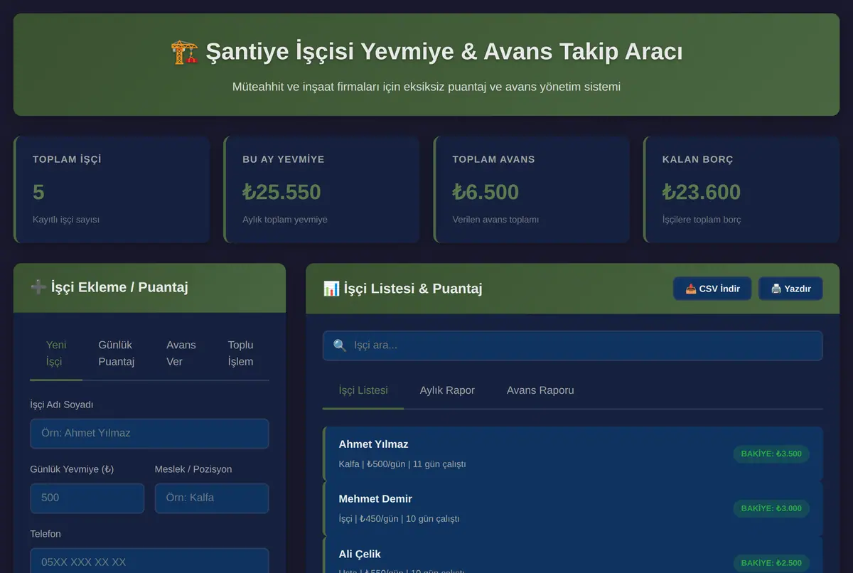 Şantiye İşçisi Yevmiye & Avans Takip Aracı ekran görüntüsü 2