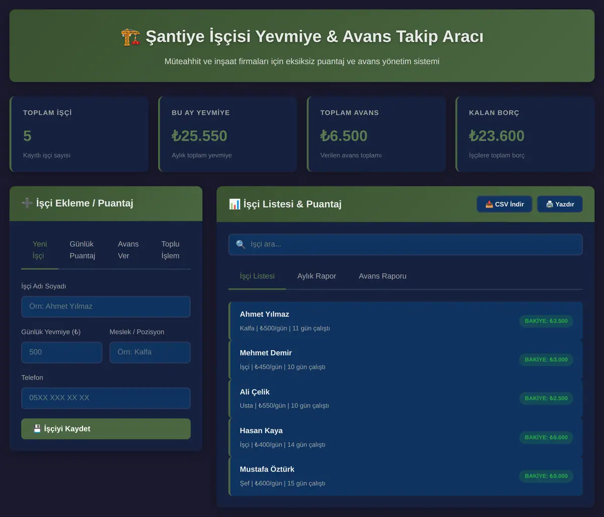 Şantiye İşçisi Yevmiye & Avans Takip Aracı ekran görüntüsü 3