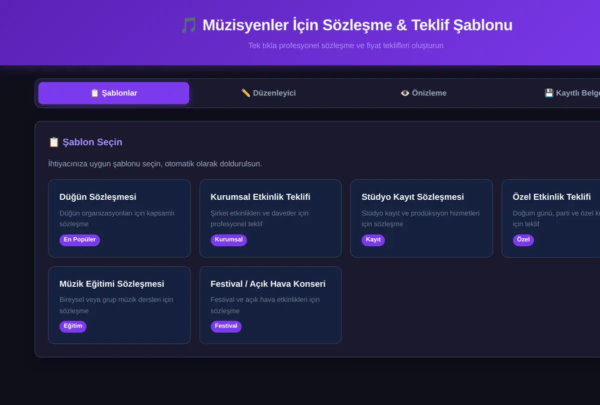 Müzisyenler İçin Sözleşme & Teklif Şablonu ekran görüntüsü