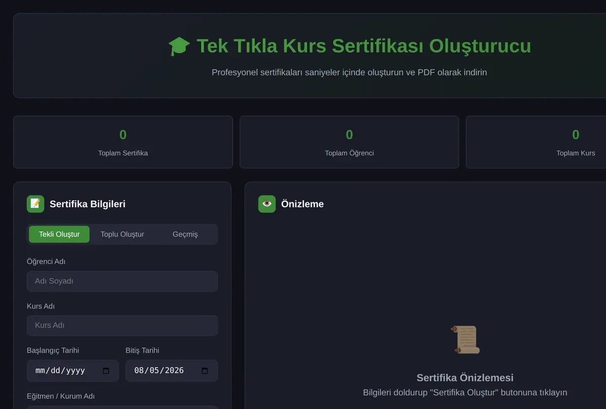 Tek Tıkla Kurs Sertifikası Oluşturucu ekran görüntüsü