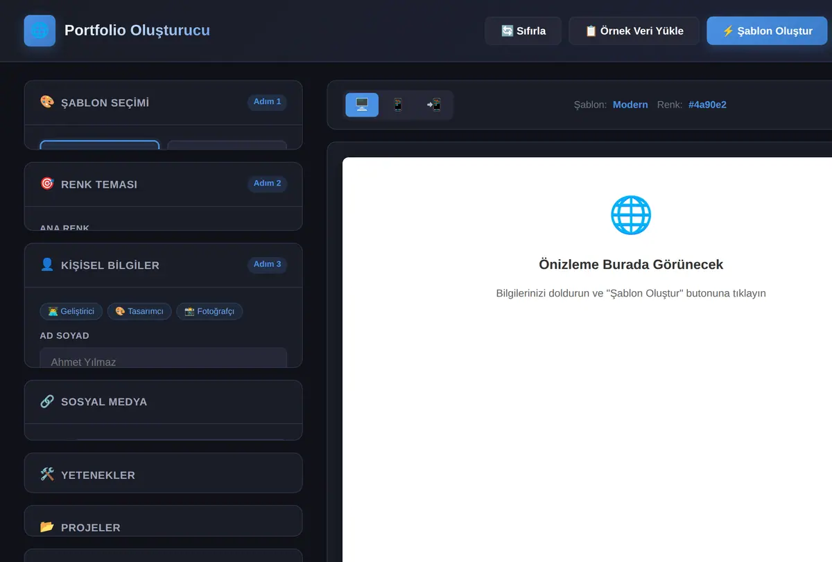 Tek Tıkla Portfolio & Web Sitesi Şablon Oluşturucu ekran görüntüsü