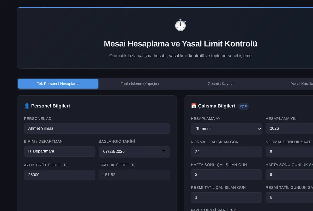 Mesai Hesaplama ve Yasal Limit Kontrolü ekran görüntüsü