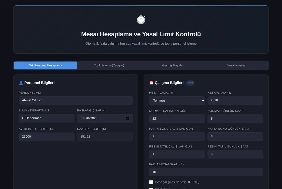 Mesai Hesaplama ve Yasal Limit Kontrolü ekran görüntüsü 2
