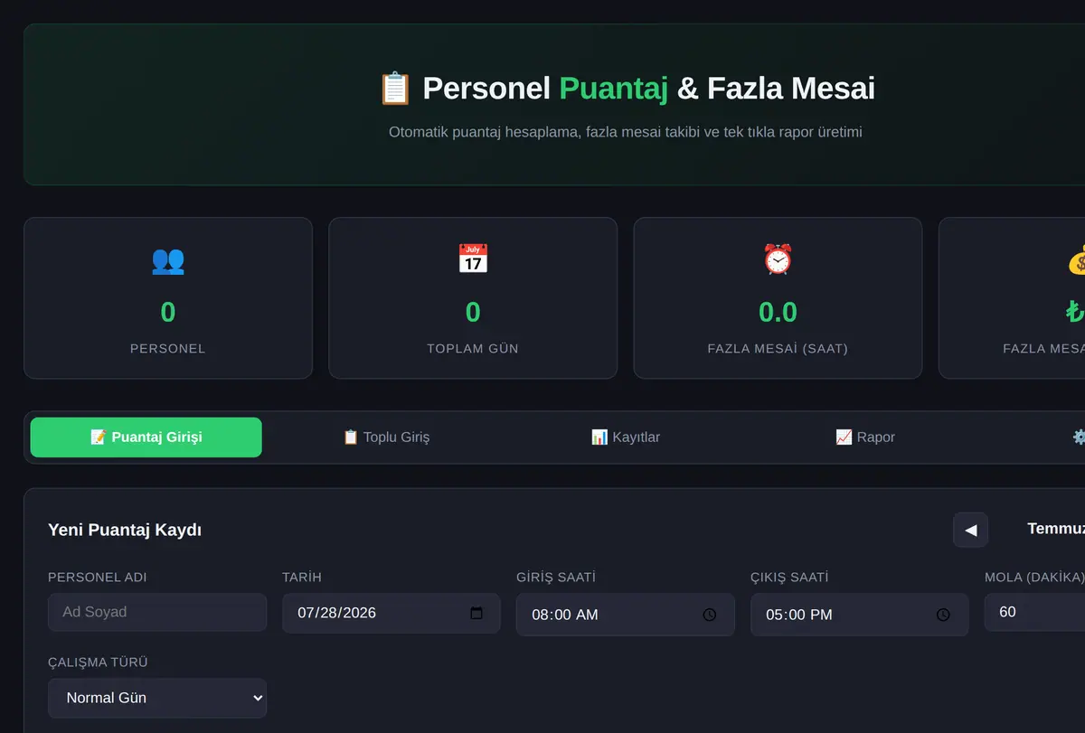 Personel Puantaj & Fazla Mesai Hesaplama ekran görüntüsü