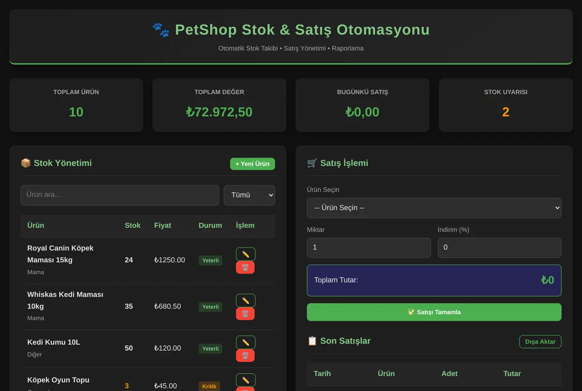 PetShop Stok & Satış Otomasyonu ekran görüntüsü 2
