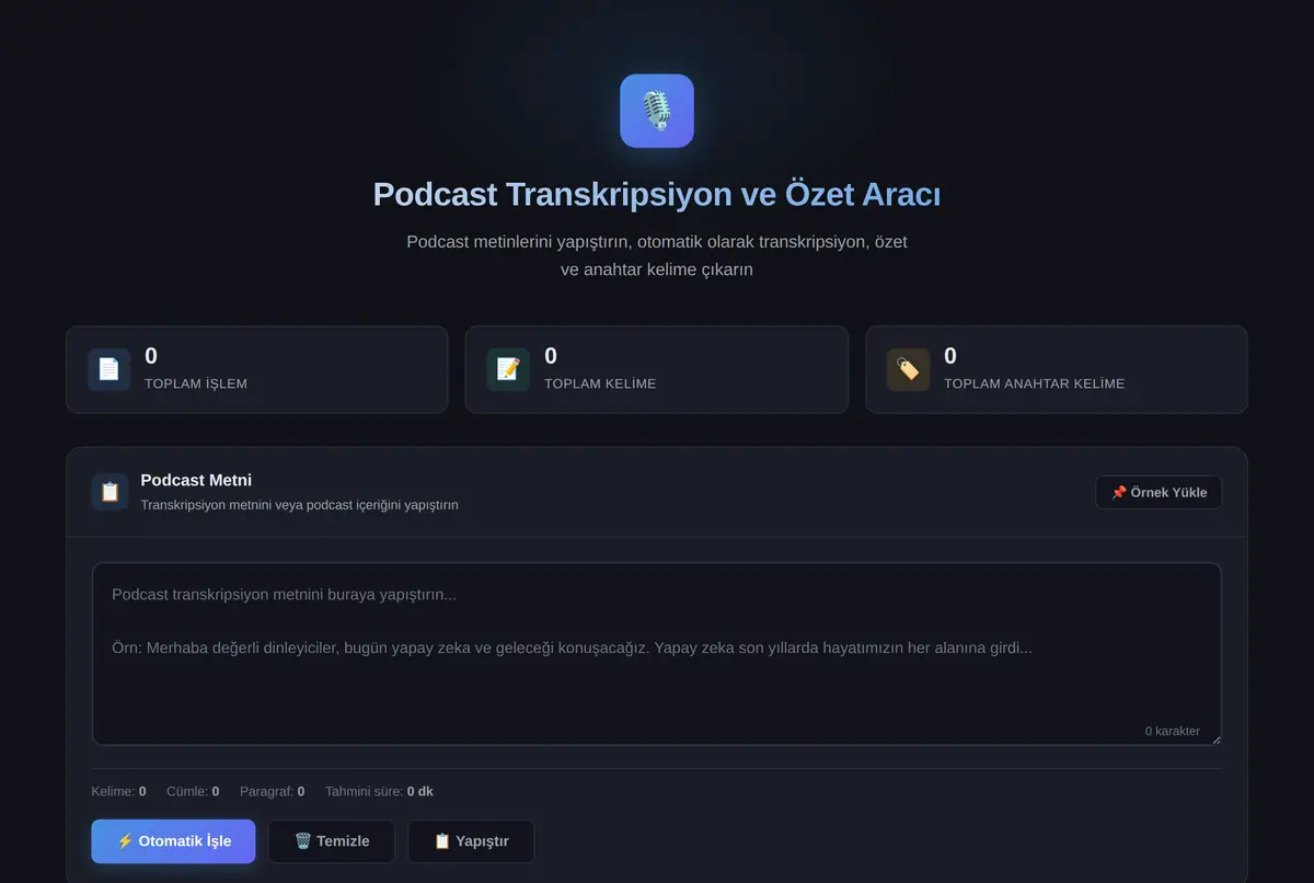 Podcast Transkripsiyon ve Özet Aracı ekran görüntüsü 2