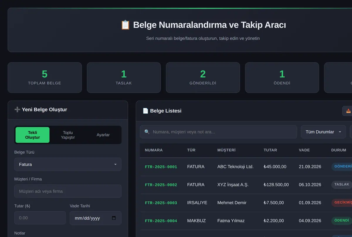 Belge Numaralandırma ve Takip Aracı ekran görüntüsü