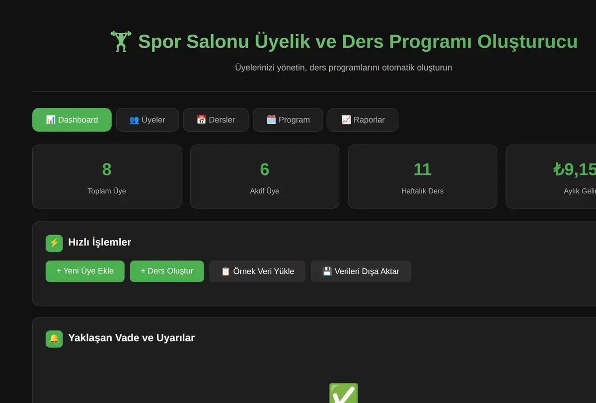 Spor Salonu Üyelik ve Ders Programı Oluşturucu ekran görüntüsü