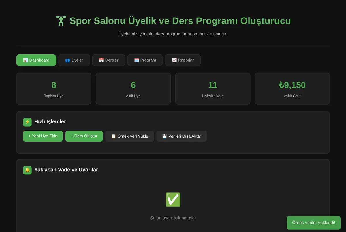 Spor Salonu Üyelik ve Ders Programı Oluşturucu ekran görüntüsü 2