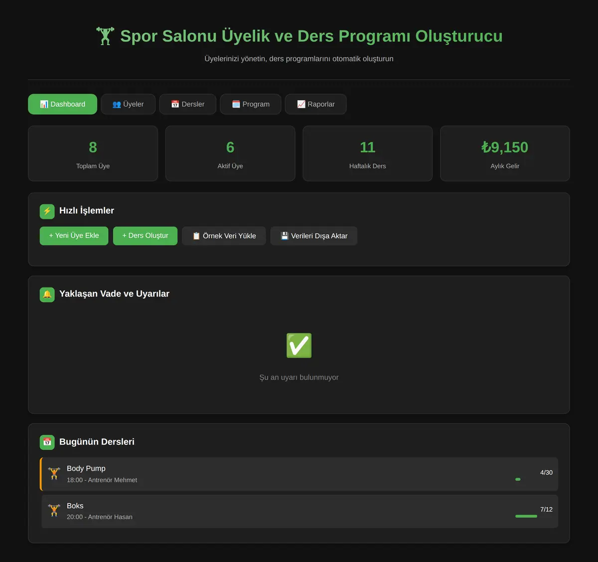 Spor Salonu Üyelik ve Ders Programı Oluşturucu ekran görüntüsü 3