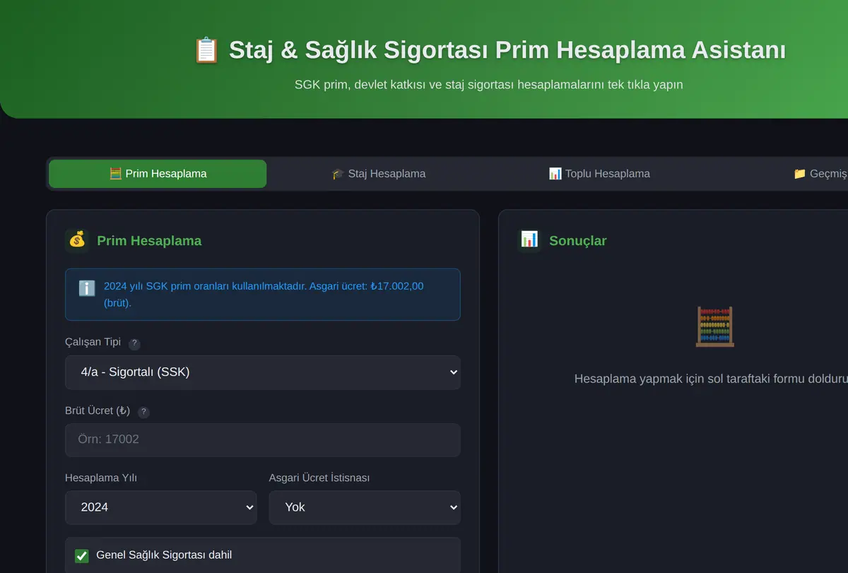 Staj & Sağlık Sigortası Prim Hesaplama Asistanı ekran görüntüsü