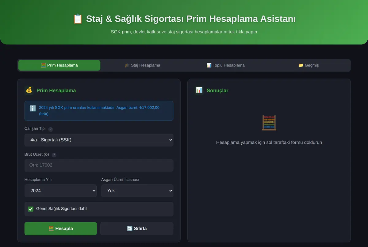 Staj & Sağlık Sigortası Prim Hesaplama Asistanı ekran görüntüsü 2