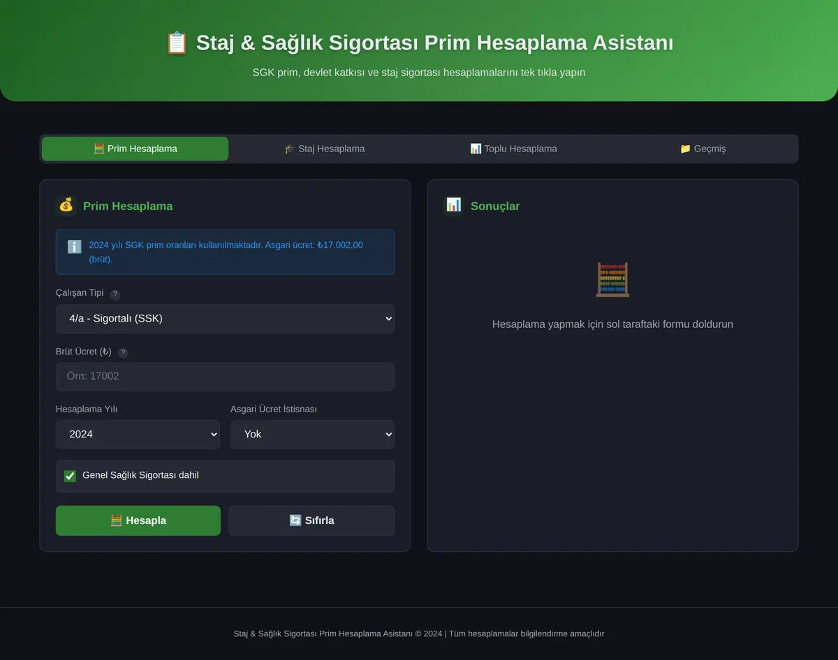 Staj & Sağlık Sigortası Prim Hesaplama Asistanı ekran görüntüsü 3
