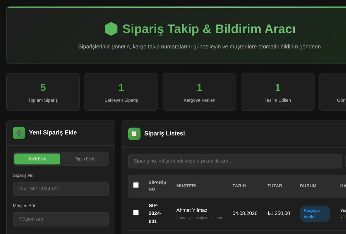 Sipariş Takip & Bildirim Aracı ekran görüntüsü