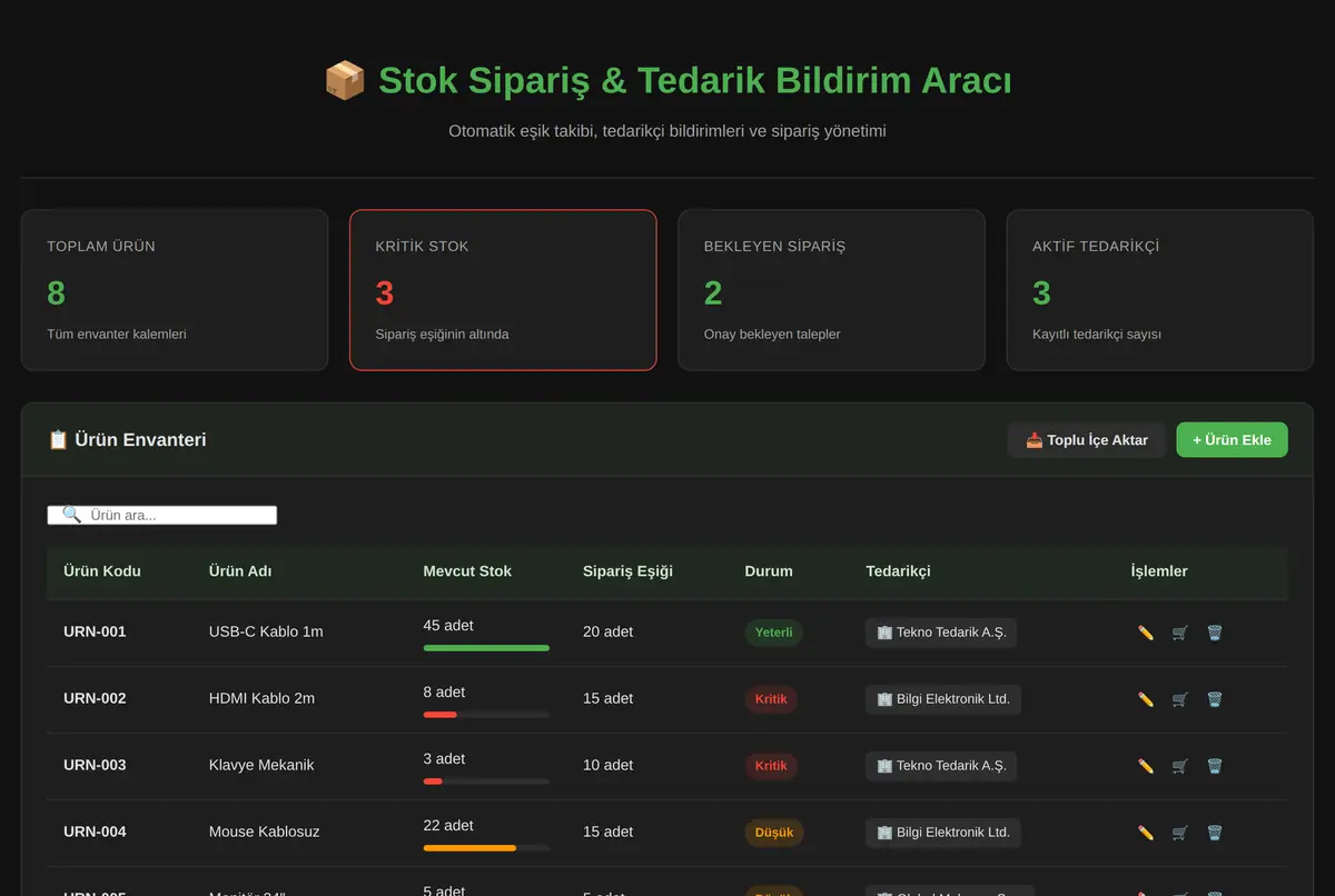 Stok Sipariş & Tedarik Bildirim Aracı ekran görüntüsü 2