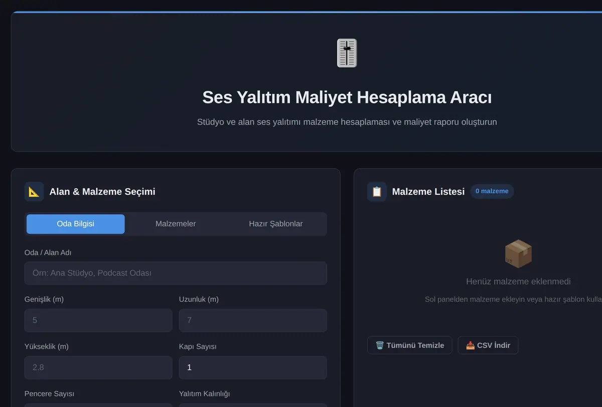 Ses Yalıtım Maliyet Hesaplama Aracı ekran görüntüsü
