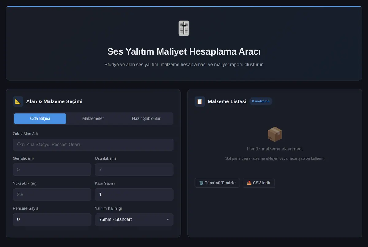 Ses Yalıtım Maliyet Hesaplama Aracı ekran görüntüsü 2