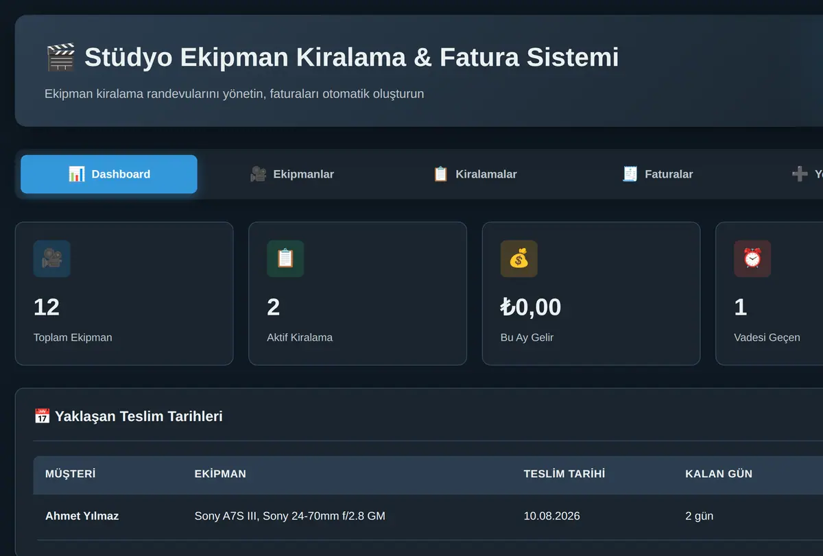 Stüdyo Ekipman Kiralama & Fatura Sistemi ekran görüntüsü