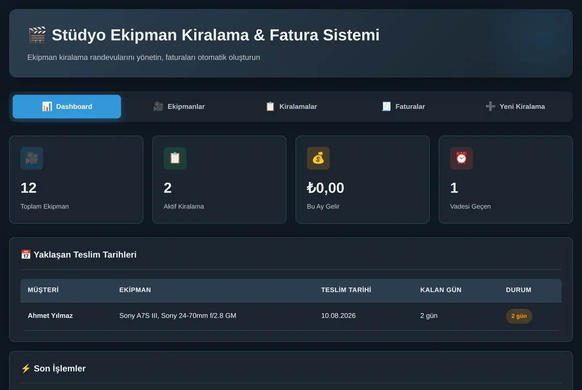 Stüdyo Ekipman Kiralama & Fatura Sistemi ekran görüntüsü 2