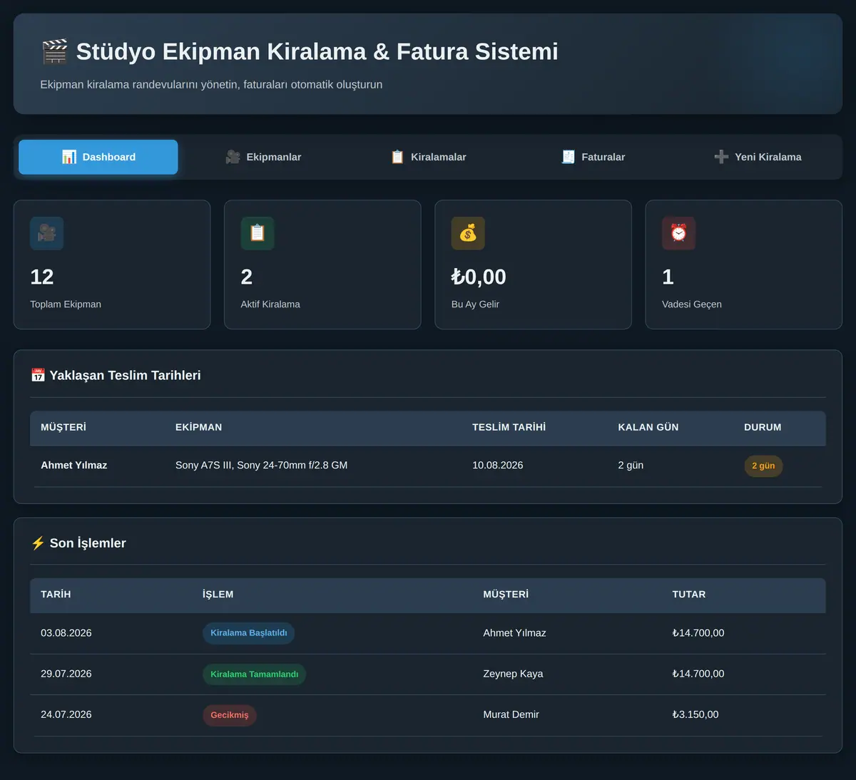 Stüdyo Ekipman Kiralama & Fatura Sistemi ekran görüntüsü 3