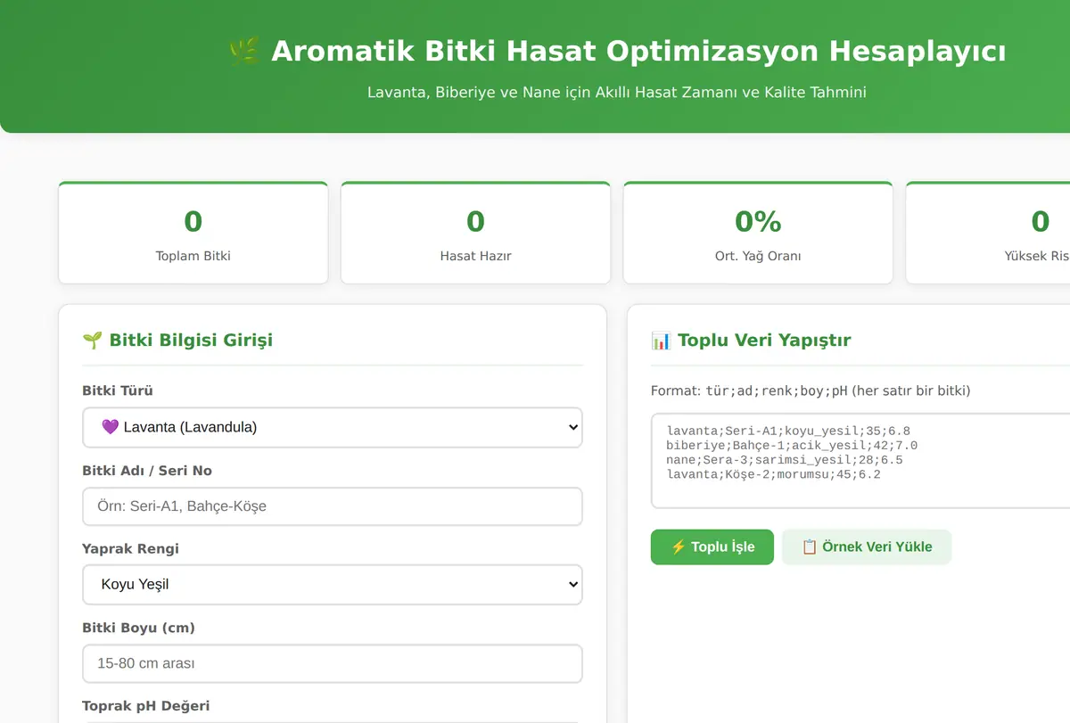 Aromatik Bitki Hasat Optimizasyon Hesaplayıcı ekran görüntüsü