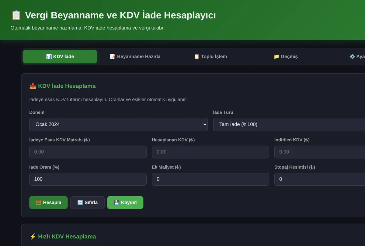 Vergi Beyanname ve KDV İade Hesaplayıcı ekran görüntüsü