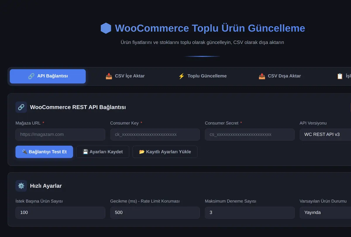 WooCommerce Toplu Ürün Güncelleme ve CSV Dışa Aktarıcı ekran görüntüsü