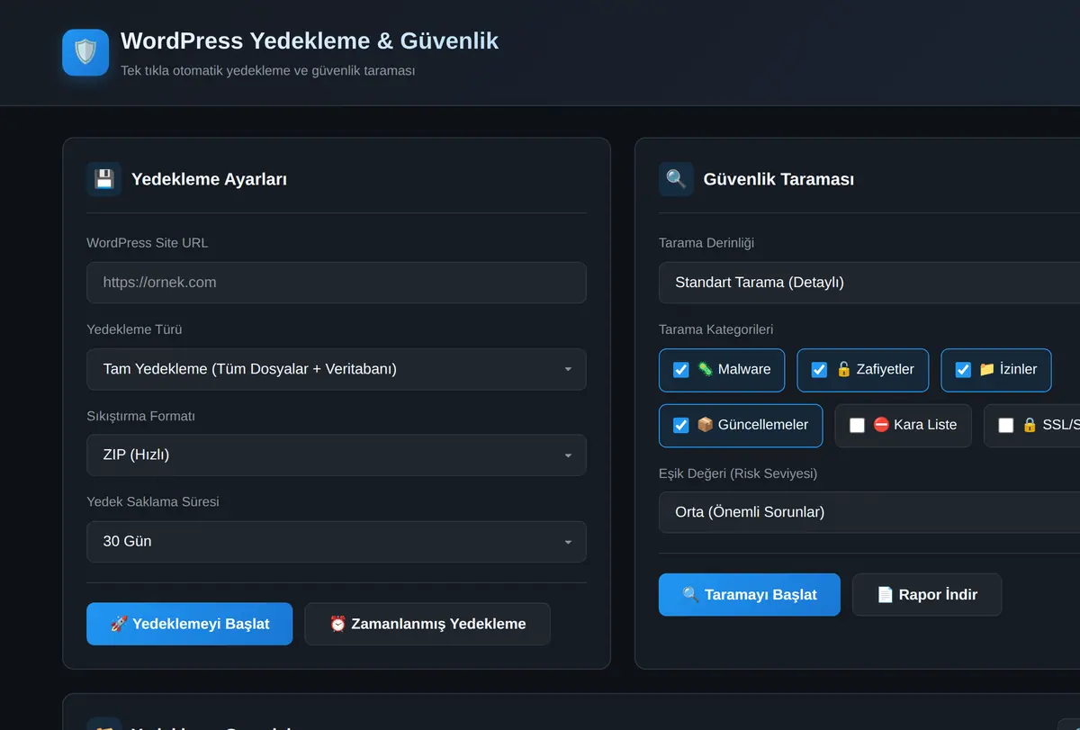 WordPress Yedekleme & Güvenlik Tarama Aracı ekran görüntüsü