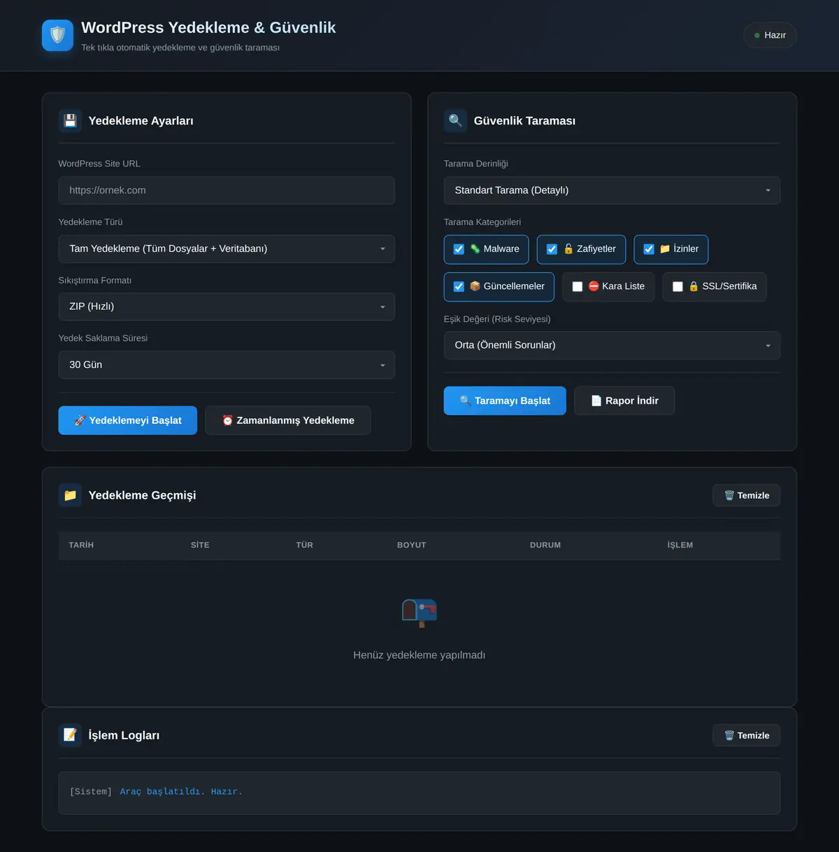 WordPress Yedekleme & Güvenlik Tarama Aracı ekran görüntüsü 3