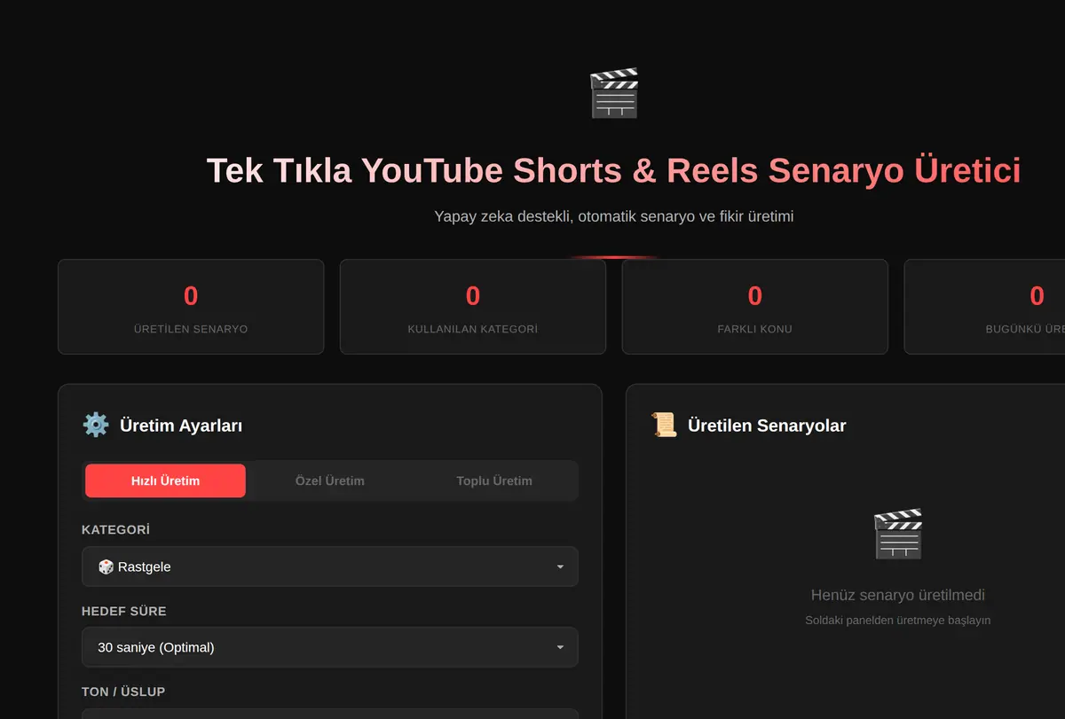 Tek Tıkla YouTube Shorts & Reels Senaryo Üretici ekran görüntüsü