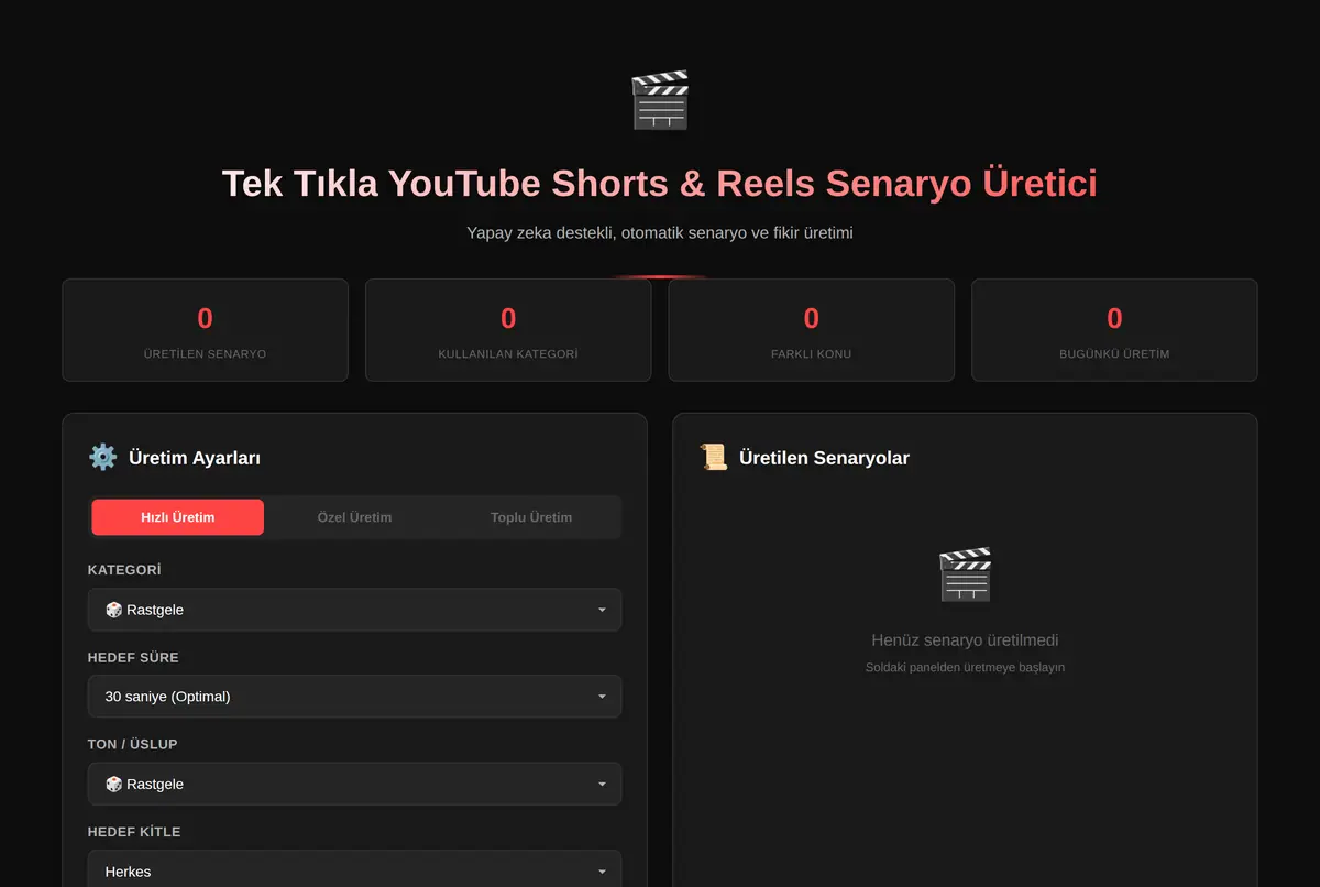 Tek Tıkla YouTube Shorts & Reels Senaryo Üretici ekran görüntüsü 2