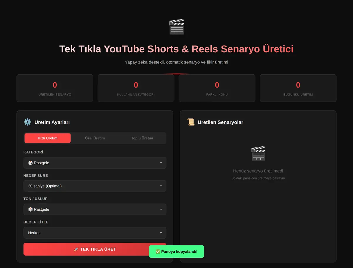 Tek Tıkla YouTube Shorts & Reels Senaryo Üretici ekran görüntüsü 3