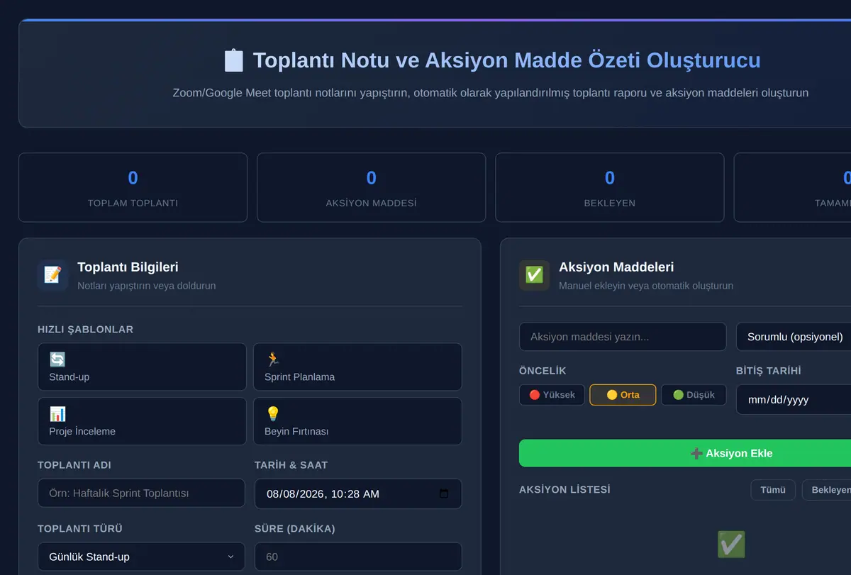 Toplantı Notu ve Aksiyon Madde Özeti Oluşturucu ekran görüntüsü