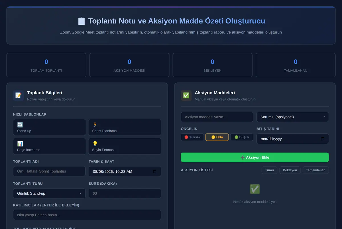 Toplantı Notu ve Aksiyon Madde Özeti Oluşturucu ekran görüntüsü 2