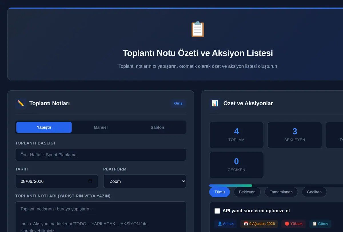 Toplantı Notu Özeti ve Aksiyon Listesi Aracı ekran görüntüsü