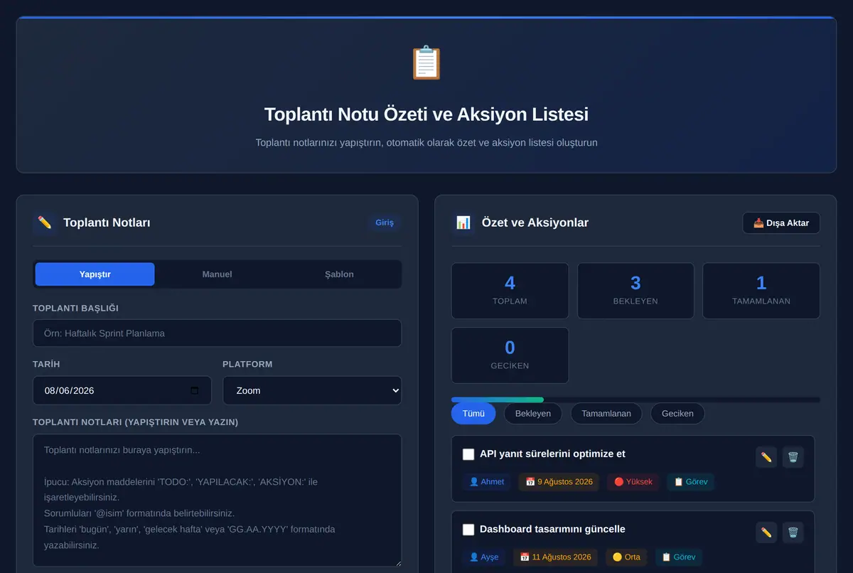 Toplantı Notu Özeti ve Aksiyon Listesi Aracı ekran görüntüsü 2