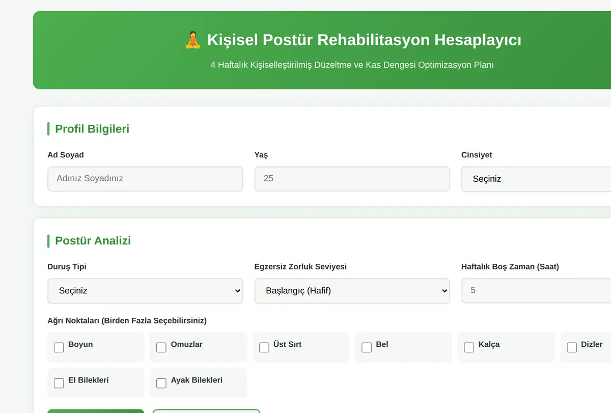 Kişisel Postür Rehabilitasyon Hesaplayıcı ekran görüntüsü