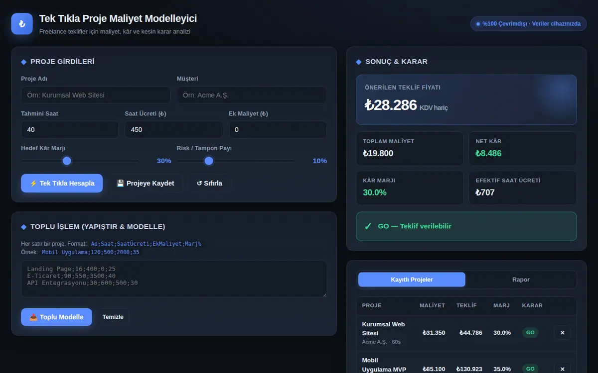 Tek Tıkla Proje Maliyet Modelleyici ekran görüntüsü