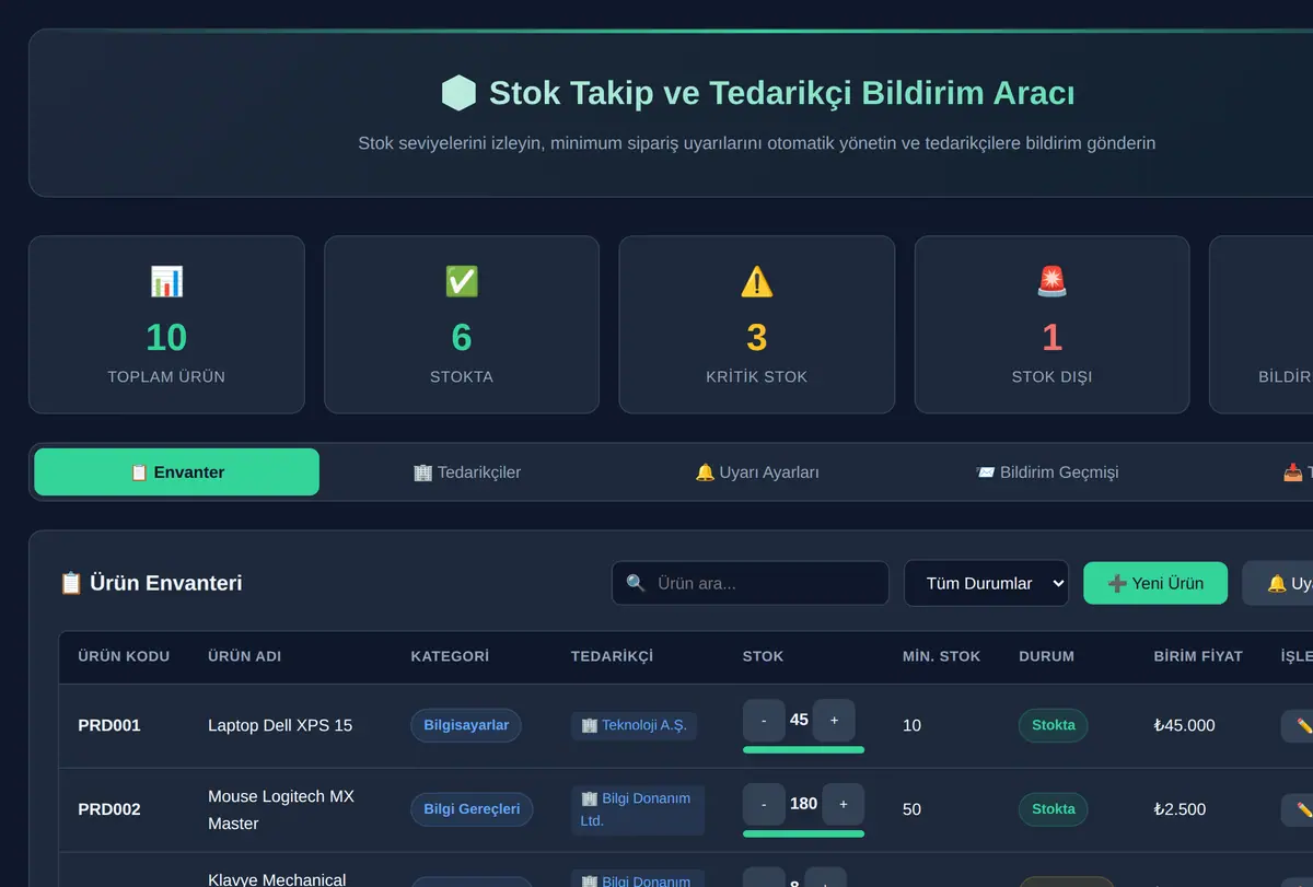 Stok Takip ve Tedarikçi Bildirim Aracı ekran görüntüsü