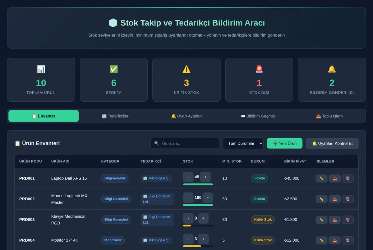 Stok Takip ve Tedarikçi Bildirim Aracı ekran görüntüsü 2