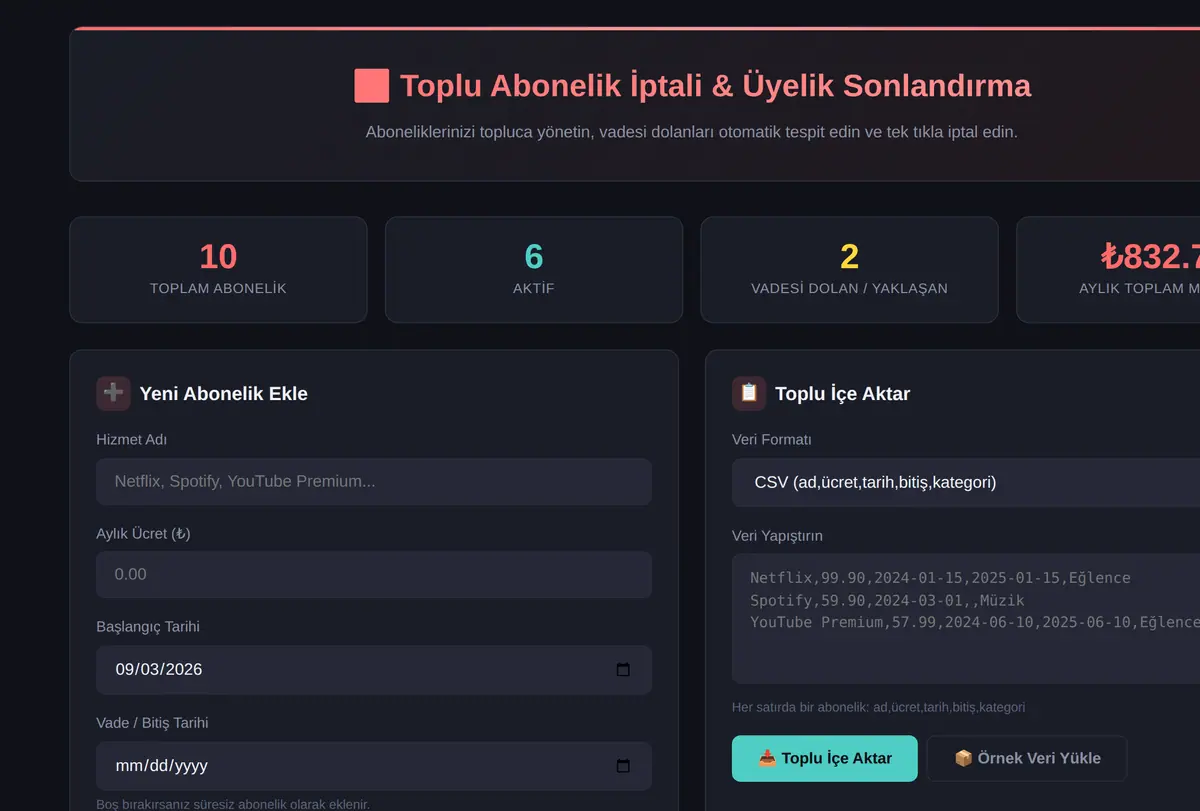 Toplu Abonelik İptali & Üyelik Sonlandırma Aracı ekran görüntüsü