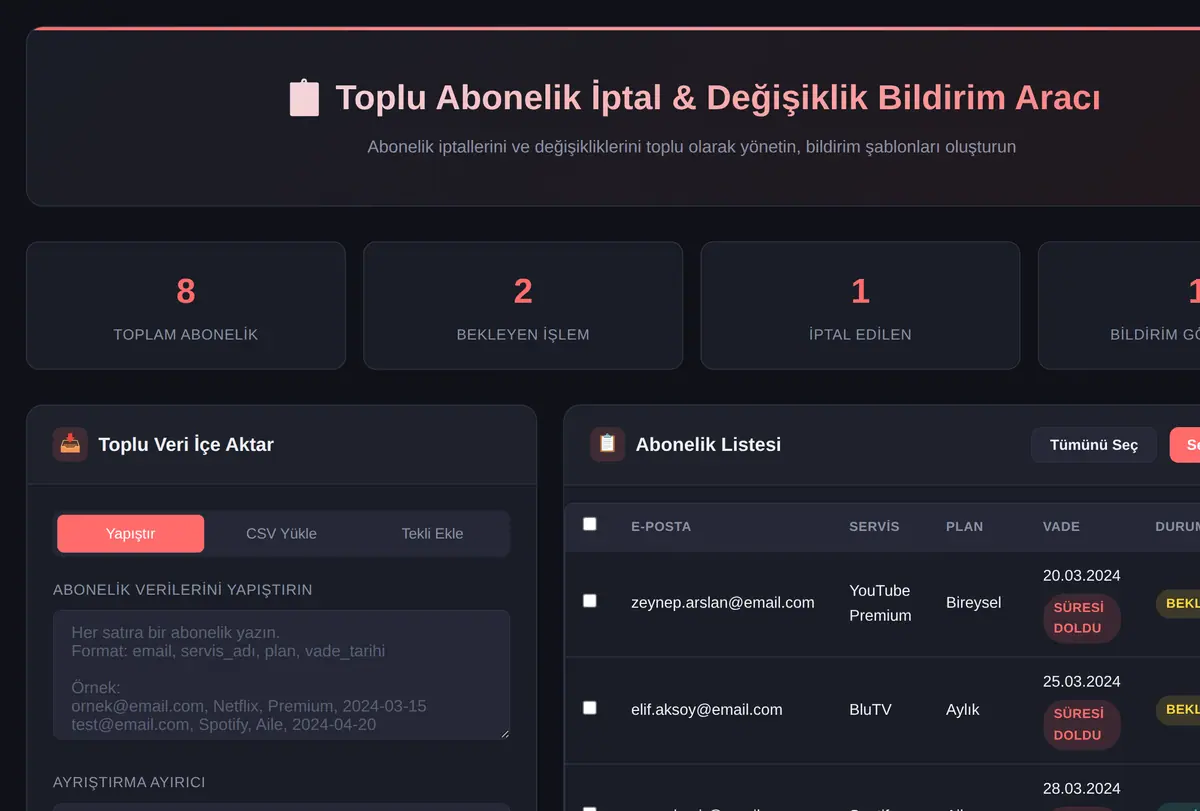 Toplu Abonelik İptal & Değişiklik Bildirim Aracı ekran görüntüsü