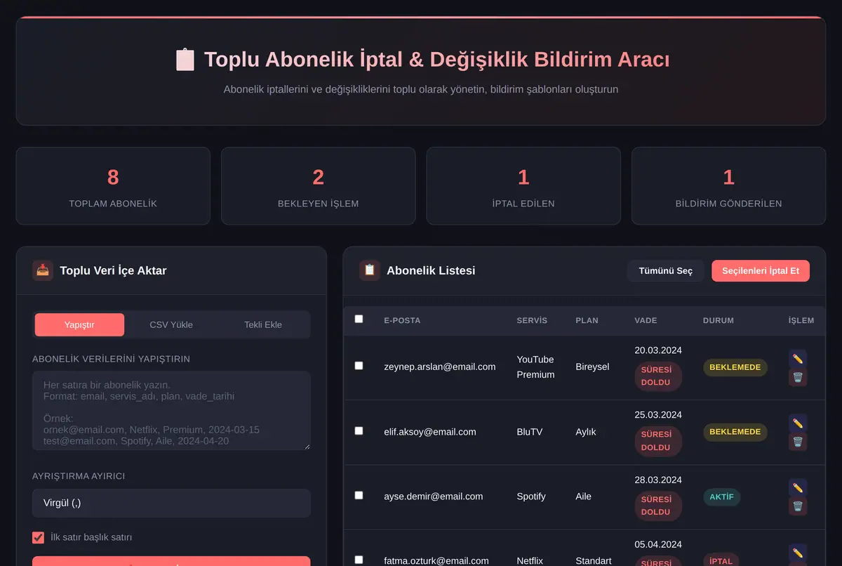 Toplu Abonelik İptal & Değişiklik Bildirim Aracı ekran görüntüsü 2