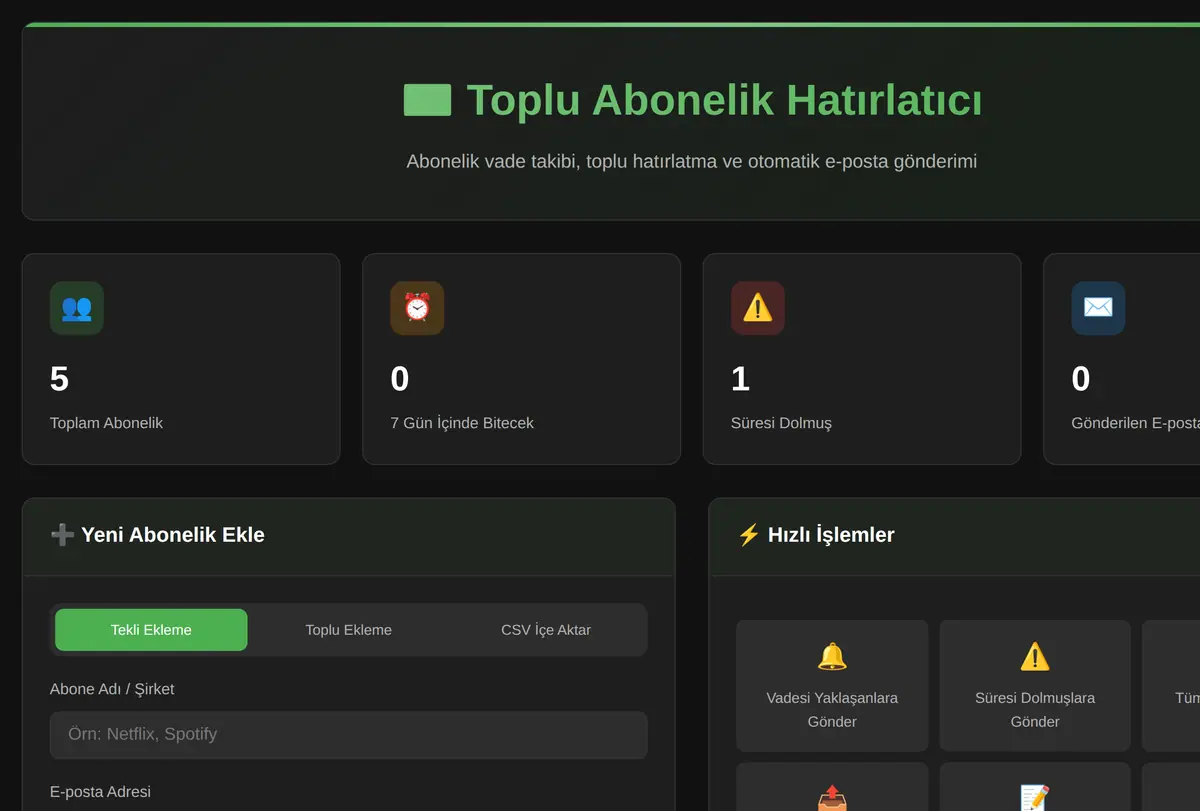 Toplu Abonelik Hatırlatıcı ve E-posta Aracı ekran görüntüsü