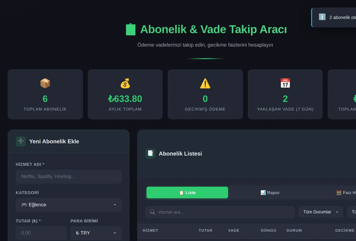 Abonelik & Vade Takip Aracı ekran görüntüsü