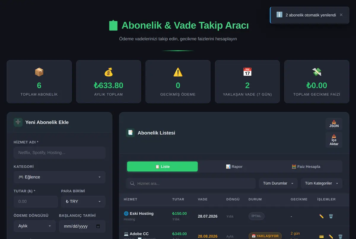 Abonelik & Vade Takip Aracı ekran görüntüsü 2