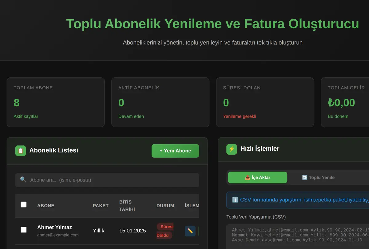Toplu Abonelik Yenileme ve Fatura Oluşturucu ekran görüntüsü