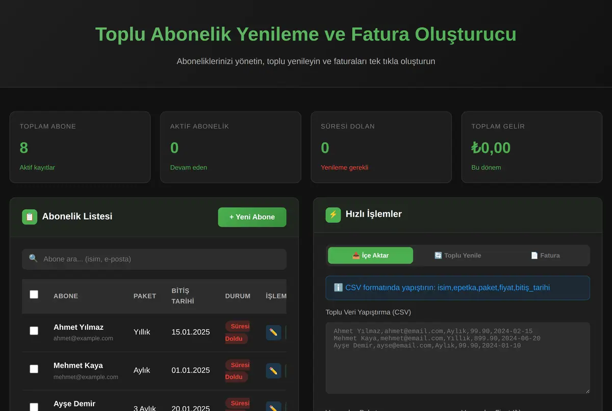 Toplu Abonelik Yenileme ve Fatura Oluşturucu ekran görüntüsü 2